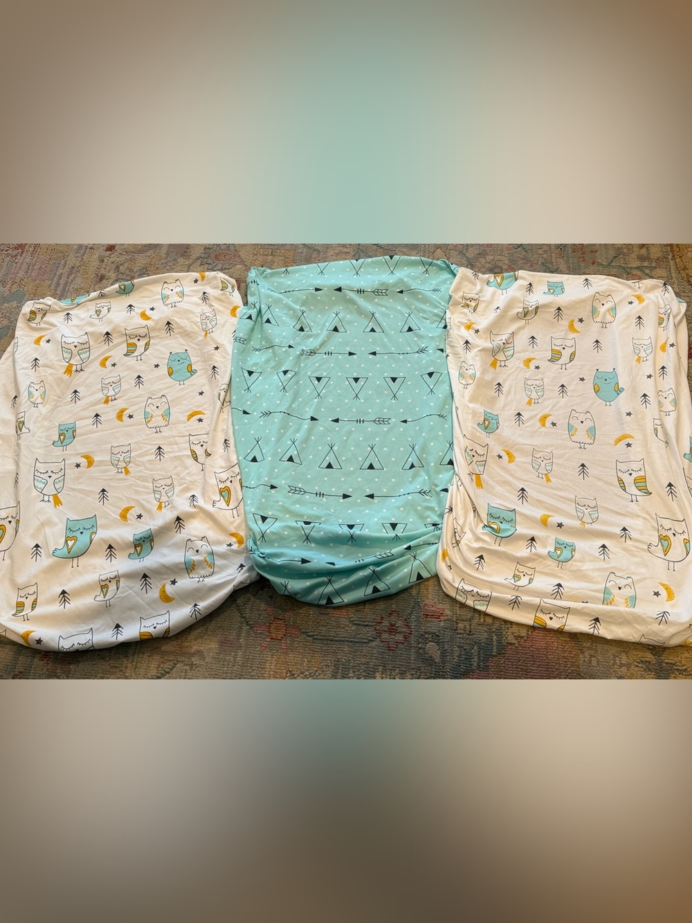 Aqua and Cream Owl & Teepee Travel Crib Sheet Set
